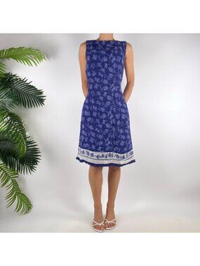 Vintage 90s Boutique Europa Blue Floral Classy Summer Sleeveless Dress / Size: 8